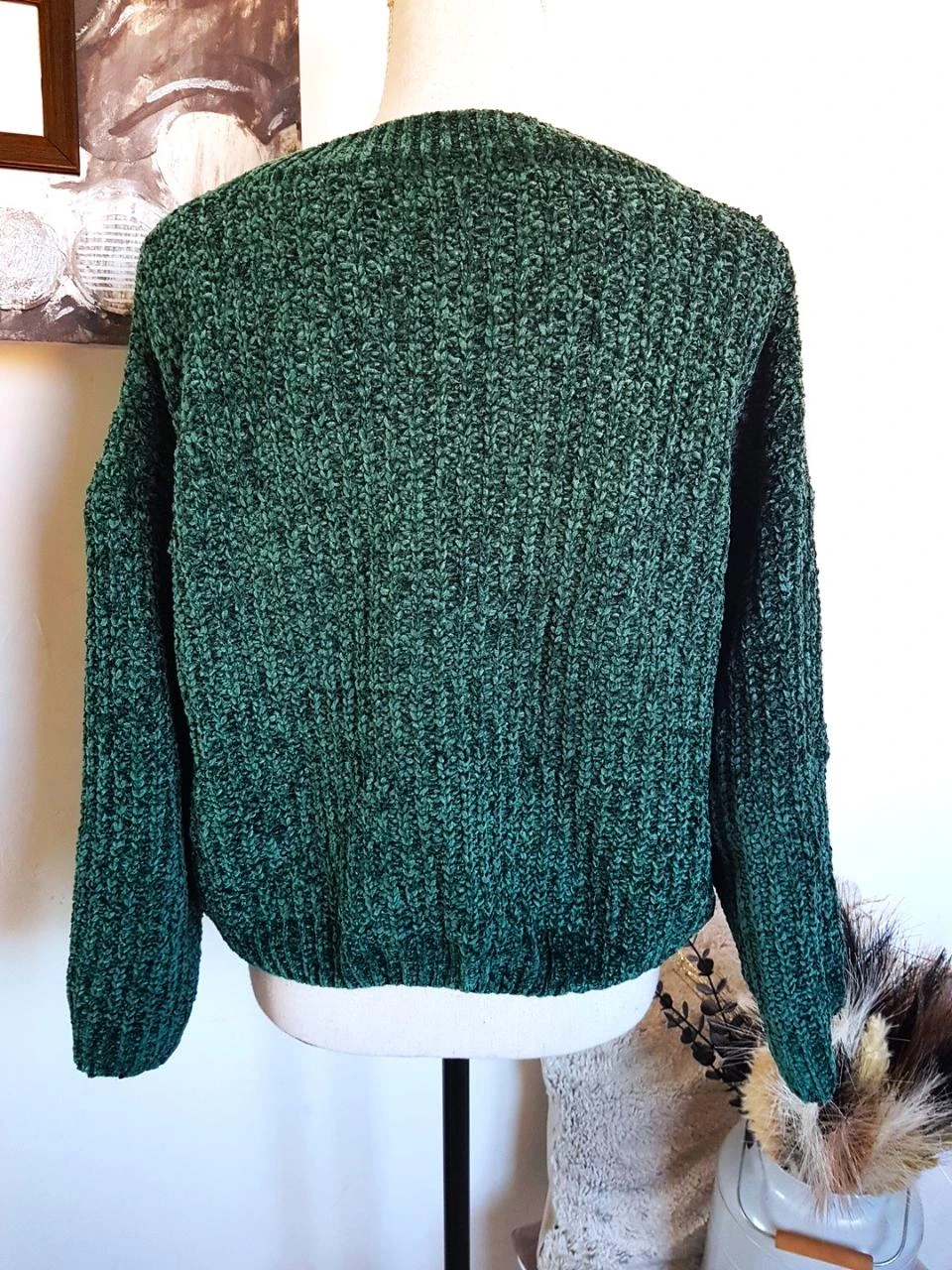 💚Korte trui van chenillegaas in smaragdgroen gemêleerd – Maat 40/42 (M/L) – photo 3
